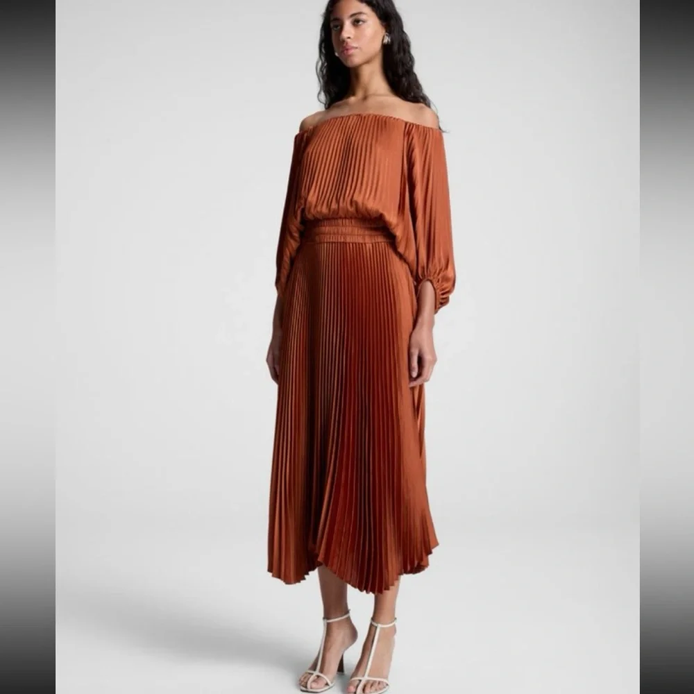 A.L.C. Sienna Satin Pleated‎ Off Shoulder Midi Dress, Red Rock, Size 8, NWOT